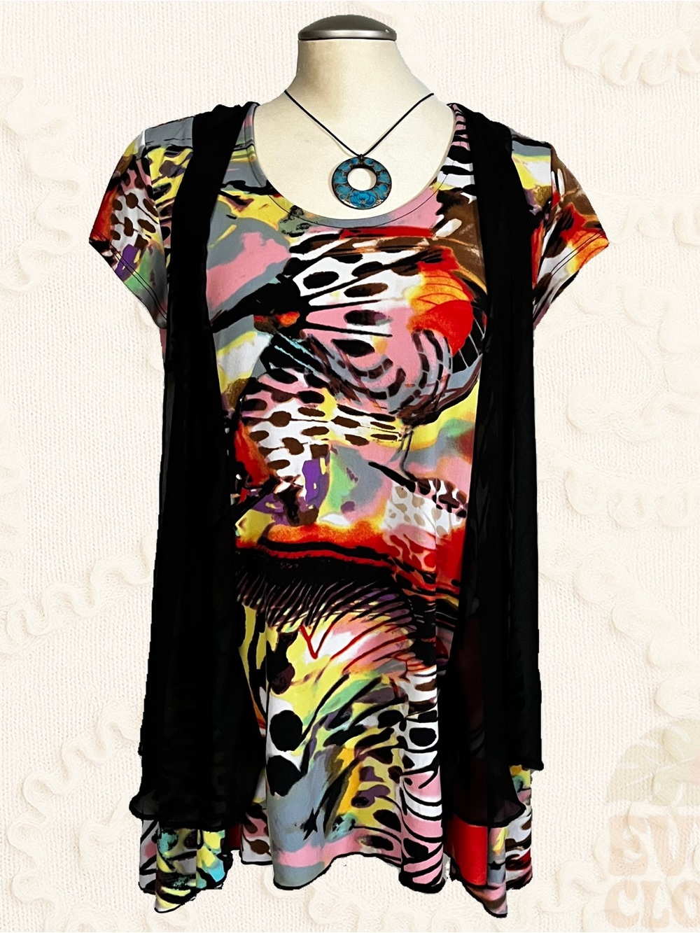2000s Boho Multicolor Abstract Mini Dress / Tunic Layering Piece